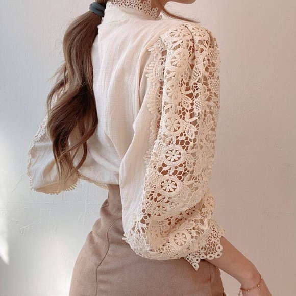 Apricot Flower Lace Button Up Blouse - Picture 4 of 4